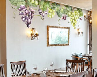 Vinilo decorativo de vid con acuarela - Racimo de uvas trepadoras - Decoración de pared inspirada en la naturaleza