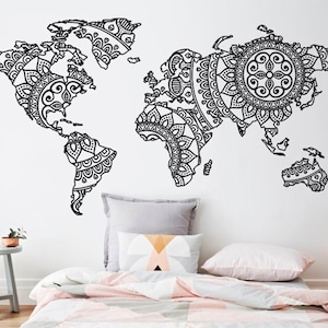 Sticker mural mandala carte du monde, sticker mural, décoration pour la maison, studio, vinyle autocollant amovible, art mural yoga