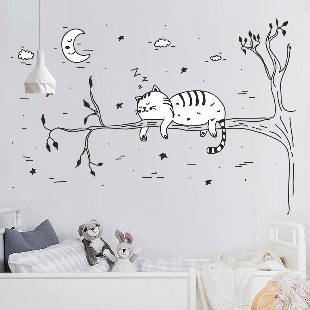Sleeping Cat Wall Decal - Cat on a Tree Wall Sticker - Black and White ...