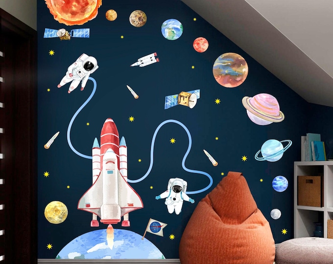 Solar System Wall Sticker - Watercolor Space Decor with Planets Sun Astronauts