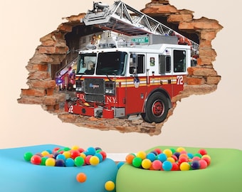 Fire Truck Wall Sticker - Fire Engine Wall Decal for Kids Room Decor Fireman Theme Art