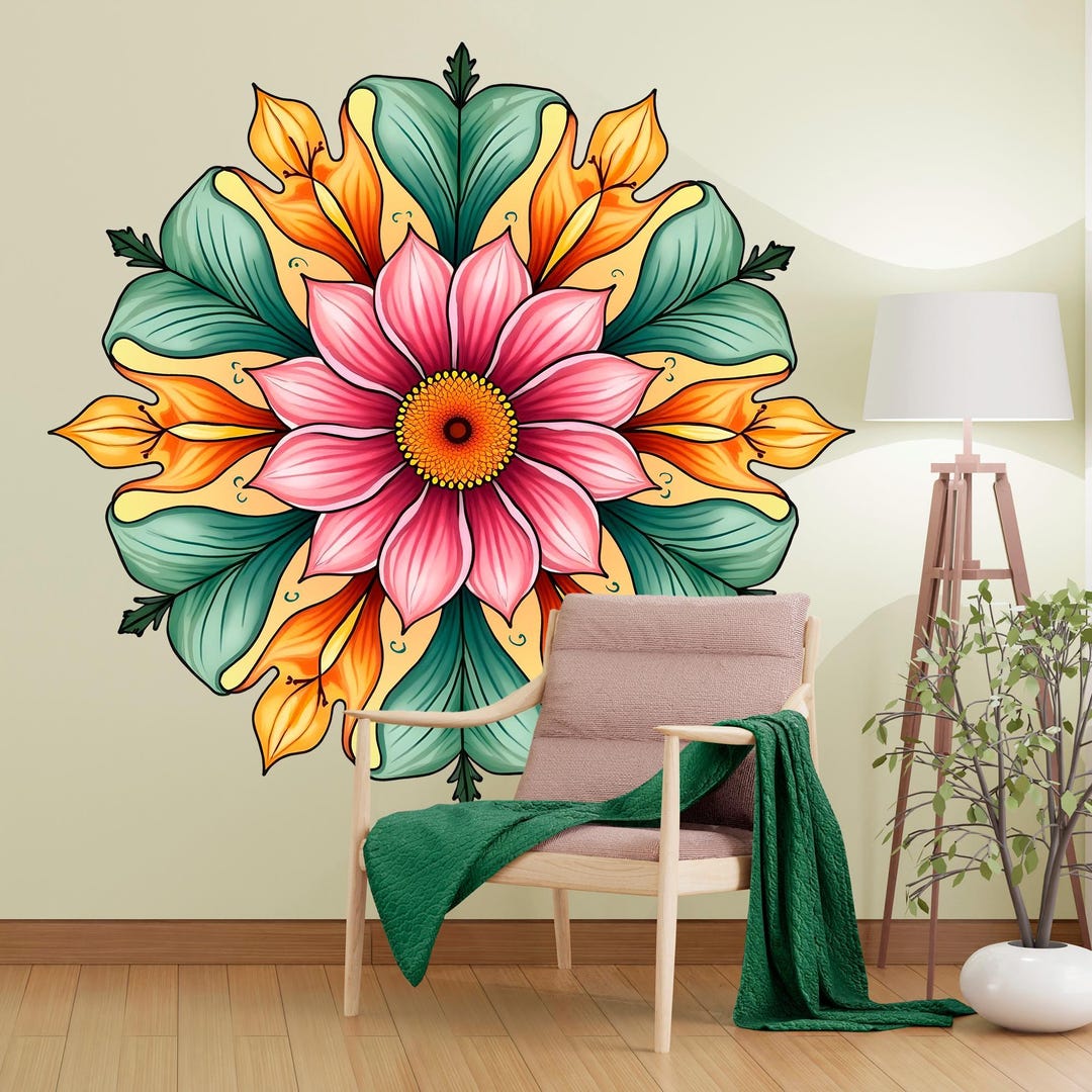 Stickers Muraux Boho Mandala Demi-Cercle – Lot 2 Pcs Vinyle Floral Indien – Décoration Chambre, Salon, Yoga Studio, Namaste