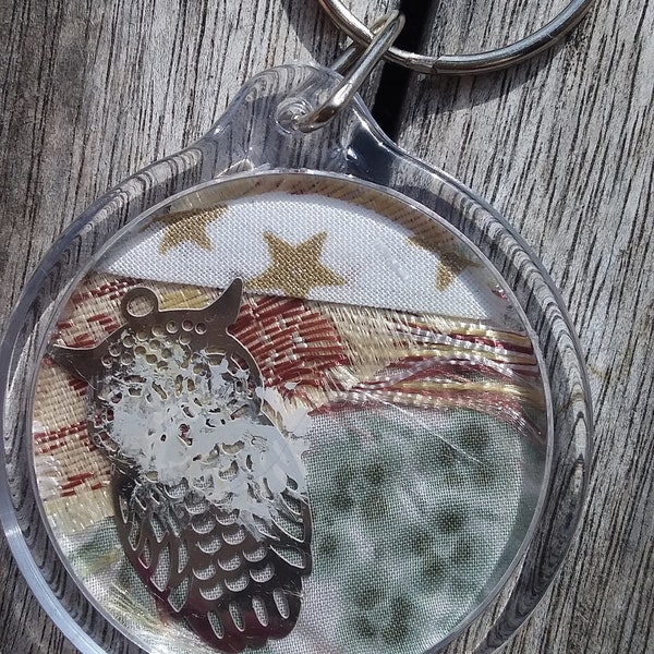 Porte-clé " Mon petit hibou" avec tissu Liberty, estampe hibou acier, cordon liberty étoile, porte-clé transparent, boucle métal, peinture