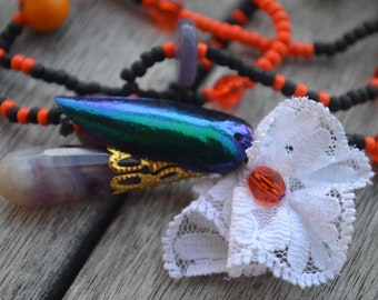 Asymmetrical necklace "spring lace agate" necklace with drop agate, beetle wing, acai seeds, hand sewn lace