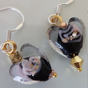 Heart earrings in lampwork glass with swarovski crystal beads In black and gold image 1