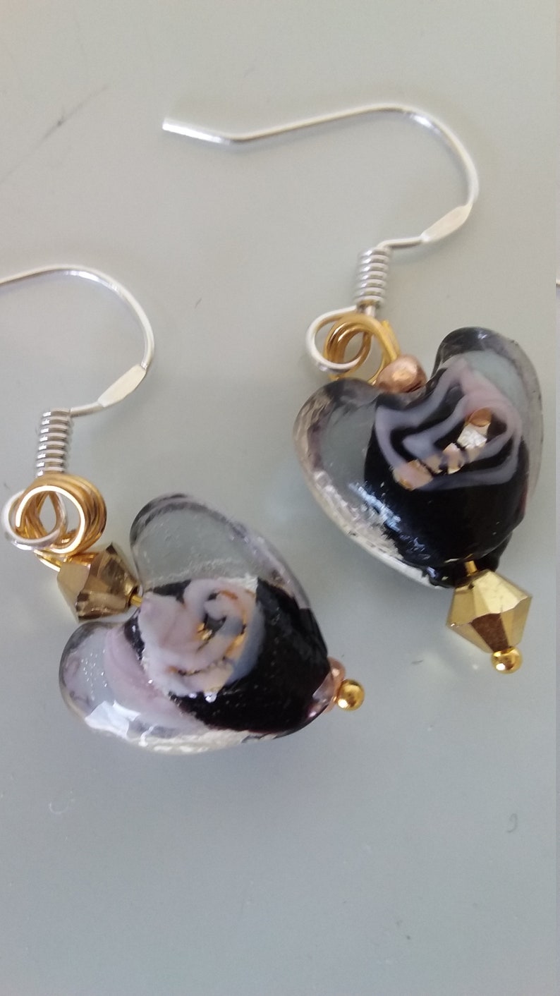 Heart earrings in lampwork glass with swarovski crystal beads In black and gold image 1