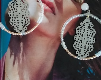 Boucles d'oreille créoles "En quartz d'estampe" avec perles en quartz, grandes créoles, estampes acier, perles miyuki, crochets argent 925
