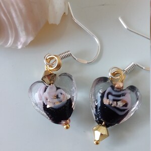 Heart earrings in lampwork glass with swarovski crystal beads In black and gold image 2