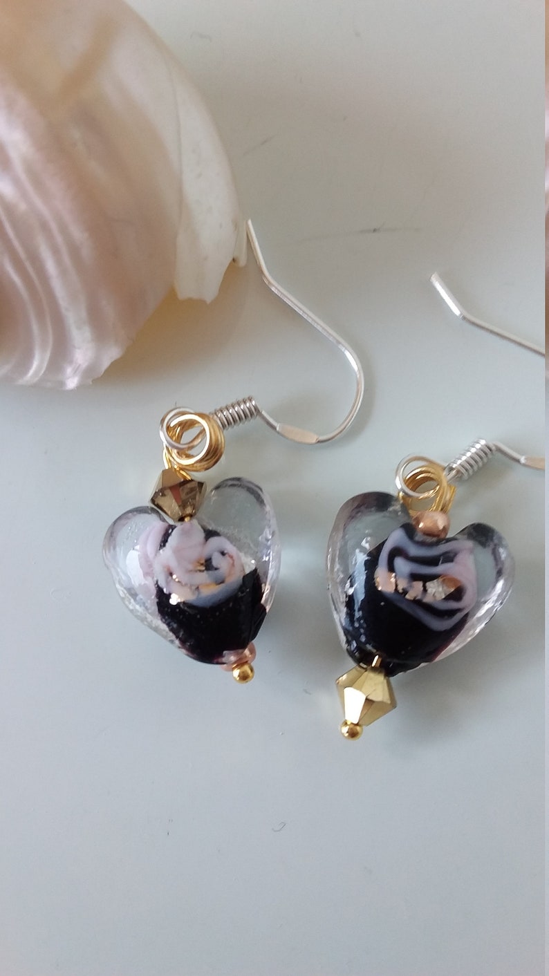 Heart earrings in lampwork glass with swarovski crystal beads In black and gold image 2