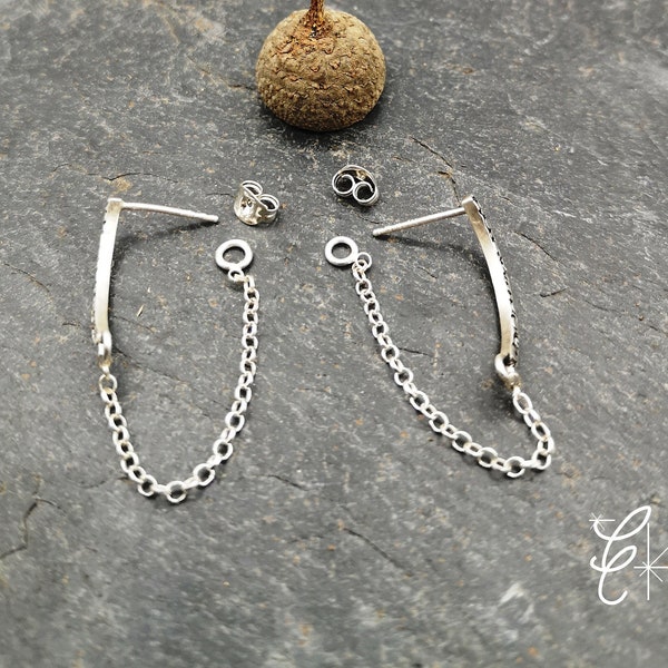 Boucles d'oreille chaîne et motif barre en argent massif