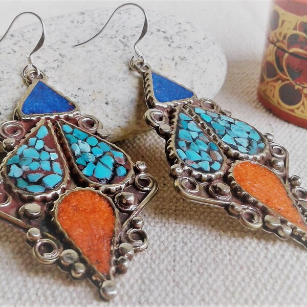 Earrings Ethnic- Népal-Vintage-Turquoise Lapis Lazuli Coral-ethnic jewel