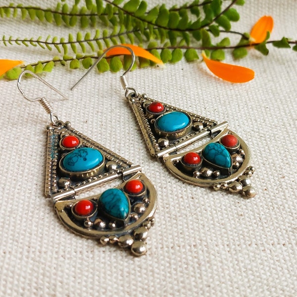 Traditional Ethnic Earrings-Nepal Tibet-Vintage Boho-Turquoise Coral Jewelry