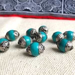 Turquoise Silver Beads Nepal Tibet-Traditional Tibetan Beads Natural Stones-Nepalmashop
