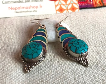 Boucles d'oreilles Tibétaines Népalaises-Bijoux du Monde Nature en Turquoise et Lapis Lazuli-Bijoux pierres Naturelles