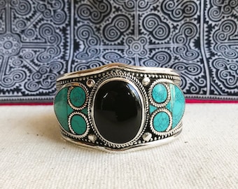Bracelet Manchette Turquoise Onyx Noir Turquoise-Bijoux Ethniques Pierres Naturelles-Nepalmashop