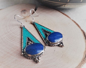 Boucles d'oreilles Turquoise Lapis Lazuli-Bijoux du Népal Tibet-Nepalmashop