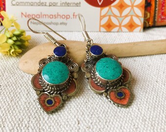 Boucles d'oreilles Népal Tibet-Bijoux Turquoise Corail Lapis Lazuli Argent-Nepalmashop