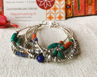 Bracelet multirang-Bijoux Pierres naturelles-Turquoise Corail Lapis Lazuli Argent