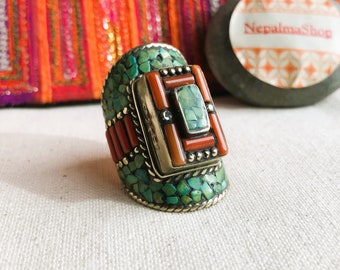 Very Large Tibetan Turquoise Coral Silver Ring-Himalayan Jewelry Tibet Nepal-Nepalmashop