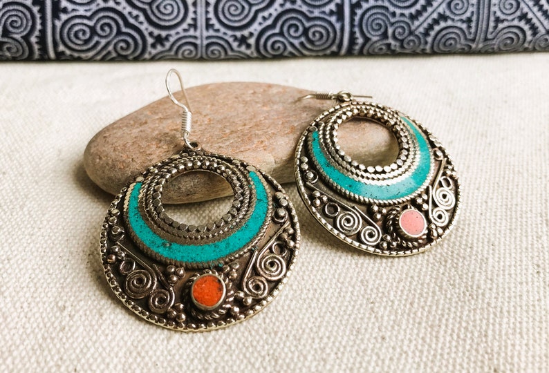 Grandes Boucles d'oreilles Ethniques-Bijoux Turquoise Corail Himalaya-Bijoux du Monde-Nepalmashop zdjęcie 6