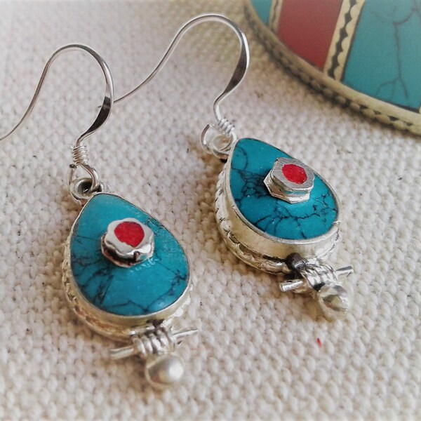 Ethnic earrings- Turquoise- Nepal Tibet- Jewels silver and stone- Boho Smart