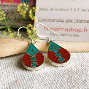 Small Ethnic Turquoise Coral Earrings - Jewelry from Nepal Tibet - Nepalmashop