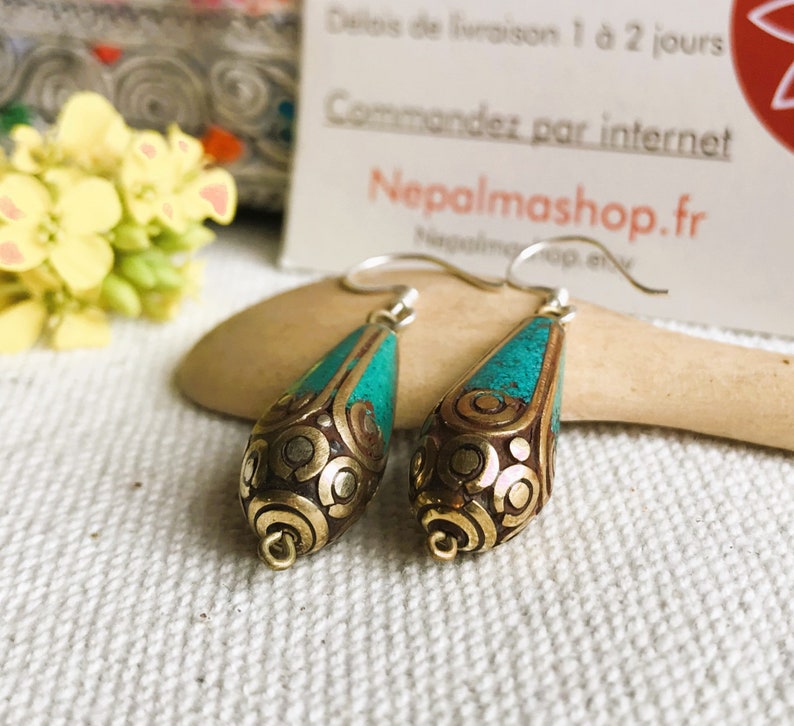 Boucles d'oreilles ethnique du Népal-Bijoux en Turquoise-Bijoux Femme image 3