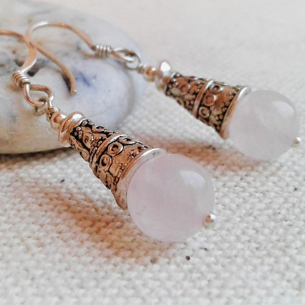 Boucles d'oreilles en Quartz Rose-Bijoux Népal Tibet-Elégance