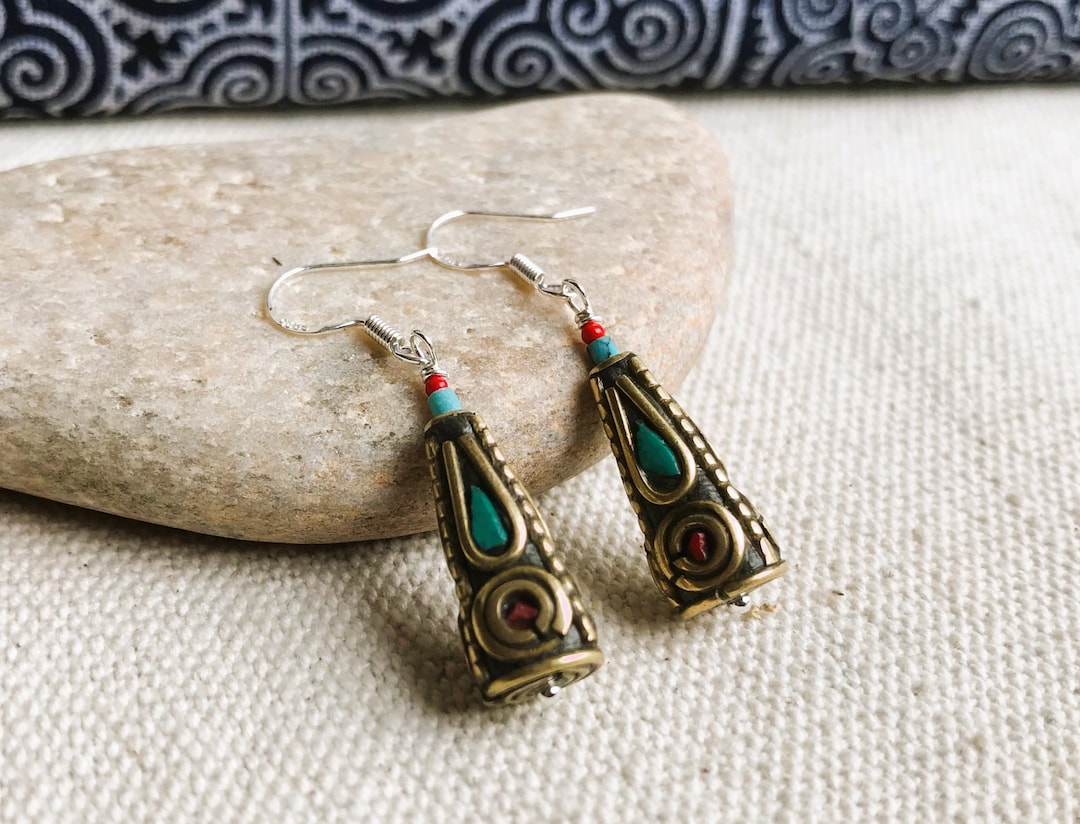 伝統的なチベットネパールジュエリー-ヒマラヤエスニックイヤリング