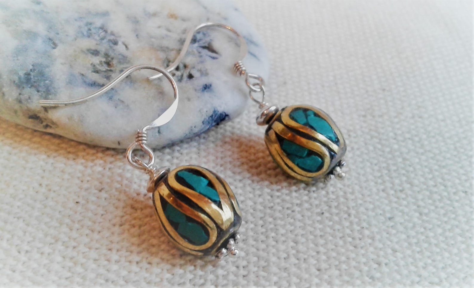 Boucles D'oreilles Ethniques Argent, Ambre Et Turquoise - Bijoux Artisanaux Vintage - Occasion