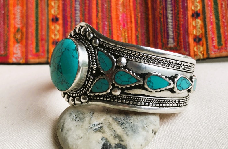 Turquoise Cuff Bracelet-Nepalese Tibetan Jewelry-Large Bracelet-Nepalmashop image 4