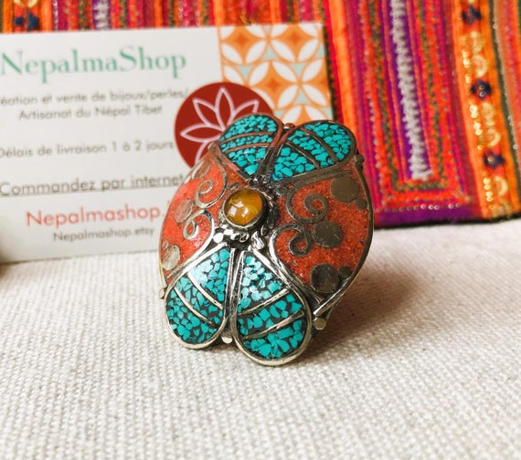 Grande Bague Pierres Naturelles- Turquoise Corail Ambre-Bijoux Népal Tibet