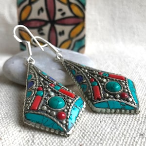 Large Ethnic Earrings - Turquoise Lapis Lazuli Coral Jewelry - Nepal Tibet - Natural Stones