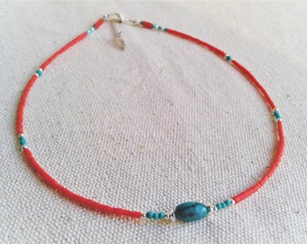 Necklace fine stones Elegant Coral and Turquoise