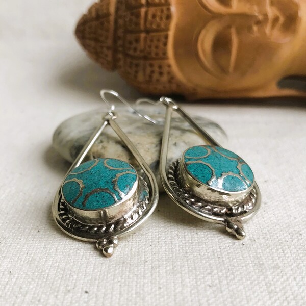 Turquoise earrings- Tibet Himalaya jewelry- Nepalmashop