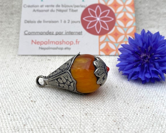 Pendentif Fait Main En Corail Et Turquoise - Argenté - Bijou Népalais/tibétain - Neuf