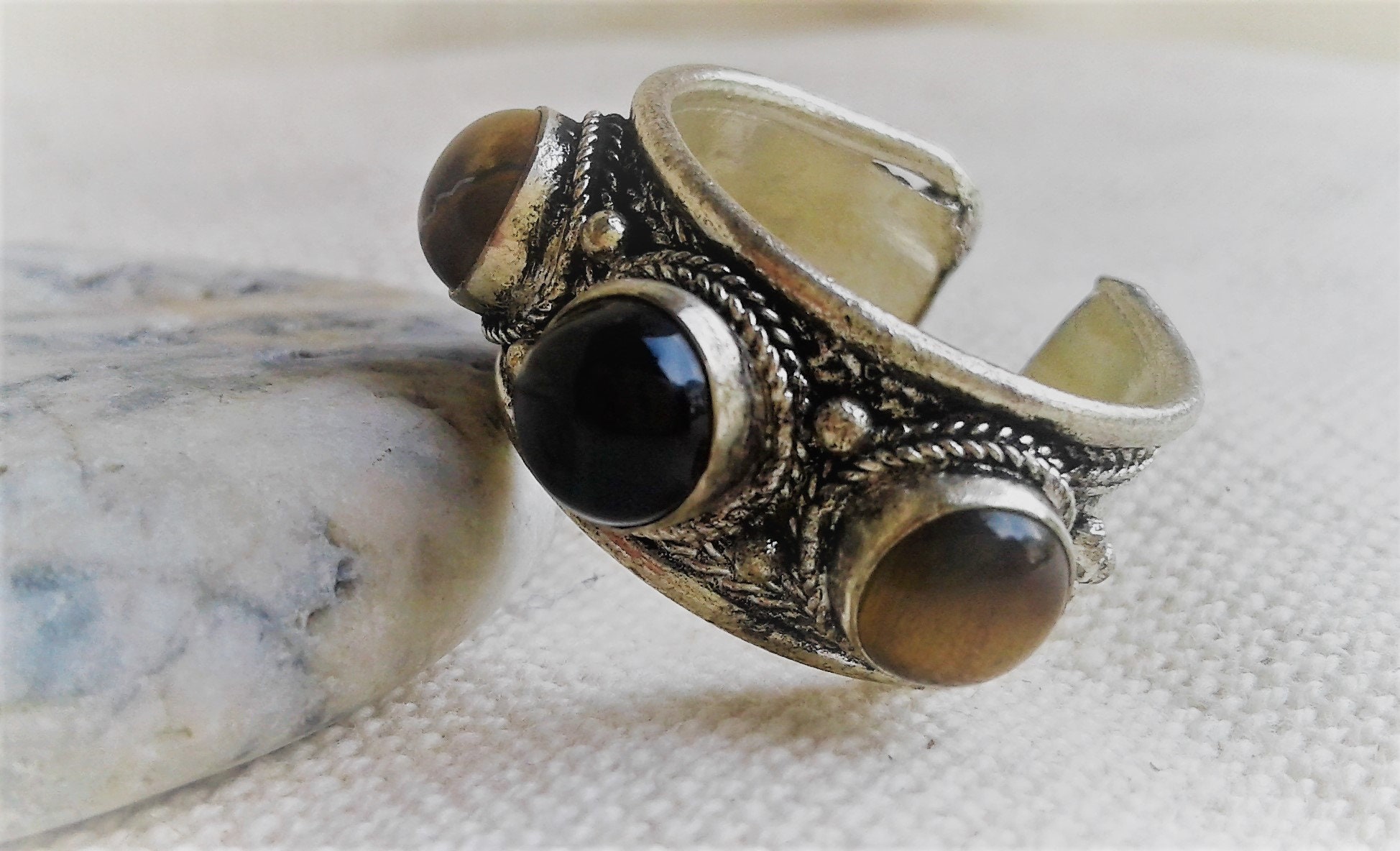 Bague Argent 925 Avec Grosse Turquoise - Taille 59 (US 9), Pierre Bleue, Style Tibétain, Neuf Sans Boîte