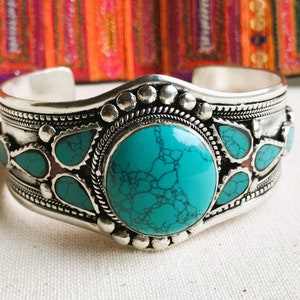 Turquoise Cuff Bracelet-Nepalese Tibetan Jewelry-Large Bracelet-Nepalmashop image 2