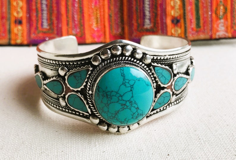 Turquoise Cuff Bracelet-Nepalese Tibetan Jewelry-Large Bracelet-Nepalmashop image 2