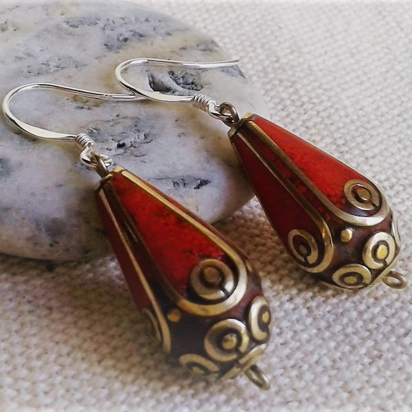 Boucles d'oreilles ethnique Corail-Bijoux Pierres Naturelles-Nepalmashop