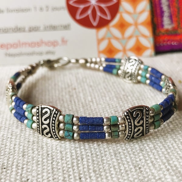 Lapis Lazuli Ethnic Bracelet-Stone Jewelry-Nepal Tibet