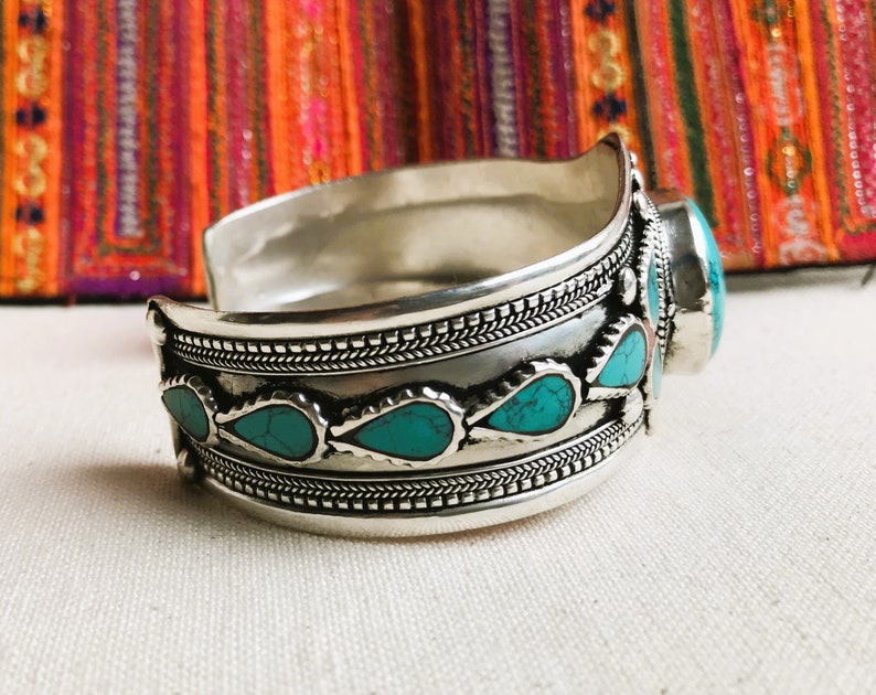 Turquoise Cuff Bracelet-Nepalese Tibetan Jewelry-Large Bracelet-Nepalmashop image 5