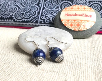 Boucles d'oreilles Lapis Lazuli-Bijoux du Népal Tibet Himalaya-Bijoux élégants