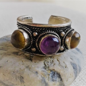 Ethnic Tiger Eye Amethyst Ring - Men&#39;s Women&#39;s Jewelry - Nepal Tibet - Natural Stone Ring