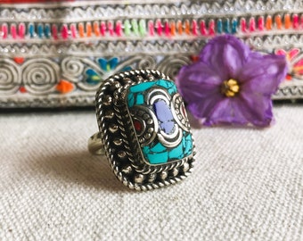 Grande bague ethnique Turquoise Corail Lapis Lazuli-BIjoux Népal Tibet Himalaya