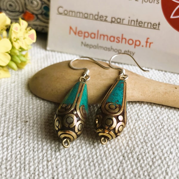 Boucles d'oreilles ethnique du Népal-Bijoux en Turquoise-Bijoux Femme