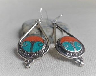 Ethnic Earrings- Nepal Tibet Himalaya- Boho Vintage- Coral Turquoise Jewelry-World Jewelry
