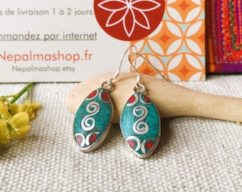 Petites Boucles d'oreilles Turquoise Corail- Bijoux Pierres Népal