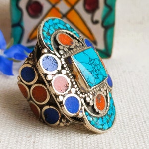 Very Large Ethnic Ring Natural Stone Ring Turquoise Coral Lapis Lazuli Nepal Tibet Jewelry image 3