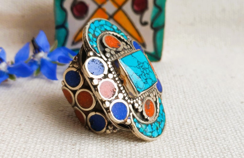 Very Large Ethnic Ring Natural Stone Ring Turquoise Coral Lapis Lazuli Nepal Tibet Jewelry image 3